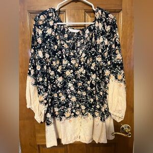 LC Lauren Conrad Black and Cream Floral Blouse